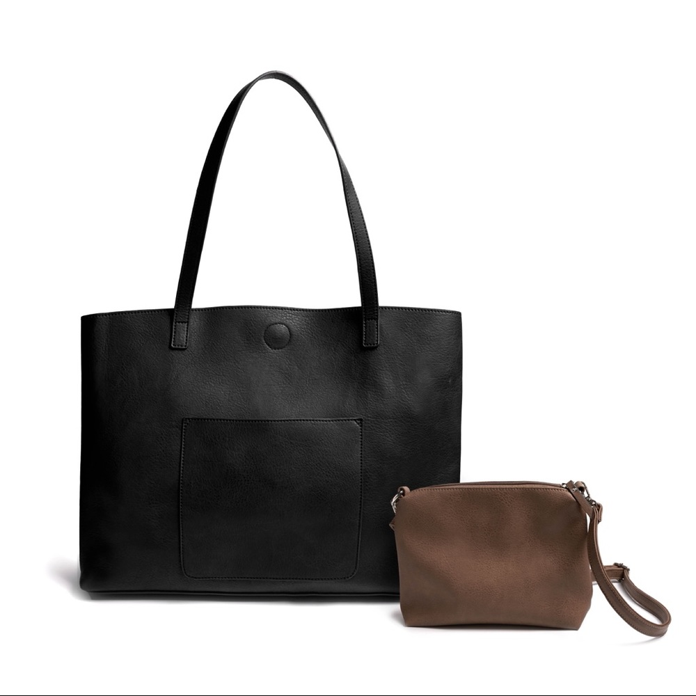 Burano Tote Handbag Vegan Leather 2 Piece Set Black New